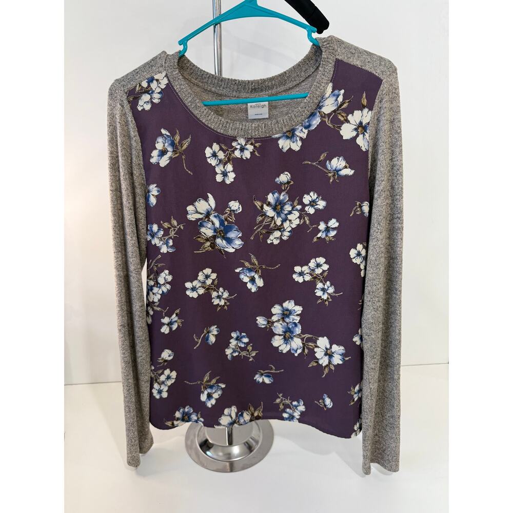 Kalleigh Floral Long Sleeve Top – Purple & Gray Contrast | Made in USA Size S)